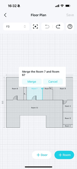 A floor plan editing page with a confirmation dialog box asking to 'Merge the Room 7 and Room 6?'.