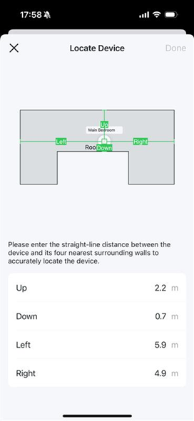 The Locate Device page displaying a floor plan with a device icon and green lines indicating distances to surrounding walls. Input fields below show the measured distances.