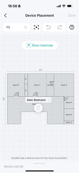 The Device Placement page with an icon in the center indicates a device location, and a button to 'Show Heatmap' is visible at the top center.