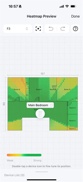 The Heatmap Preview page displaying the majority of the visible areas are covered in green, suggesting strong Wi-Fi signal coverage. A color gradient scale at the bottom indicates signal strength from Weak (orange/red) to Strong (green).