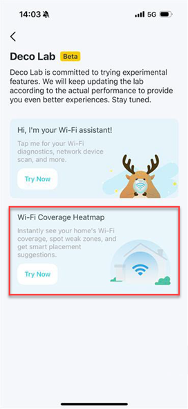 Locate Wi-Fi Coverage Heatmap card in the More tab in the Deco app.