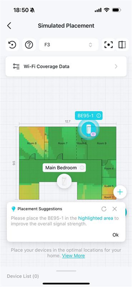 A floor plan with a pop-up suggestion window to instruct how to place the device.