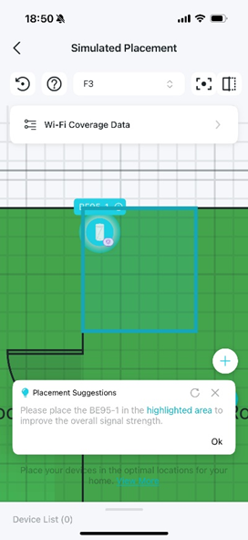A floor plan with a highlighted area for adjusting the device position.