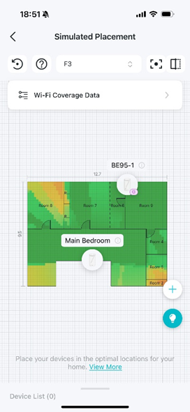 A floor plan with a virtual device added on the heatmap.