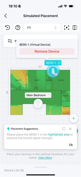 A floor plan with a pop-up suggestion window with a Remove Device button.