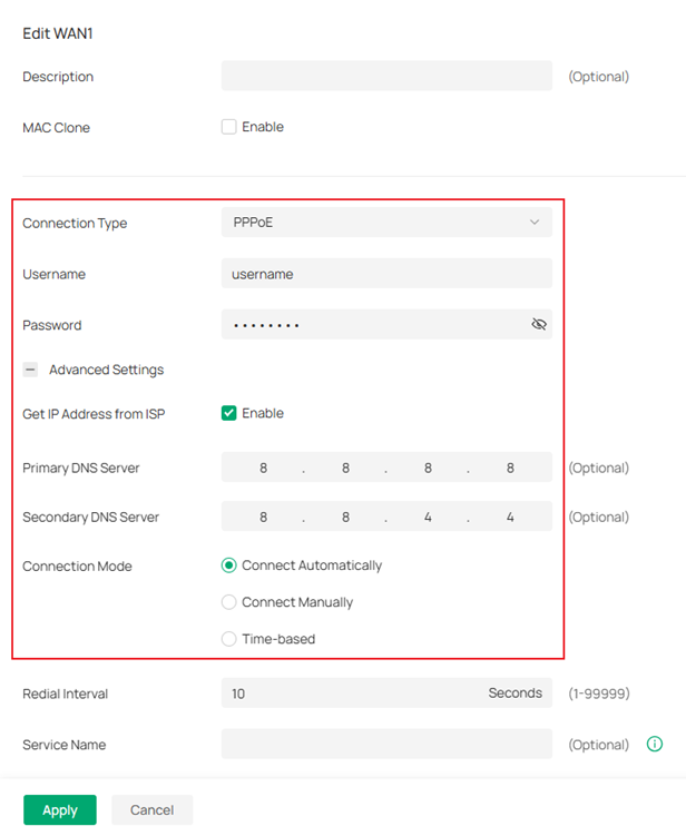 Show the interface to check WAN settings.