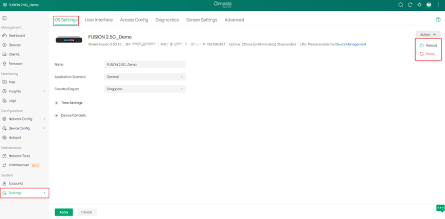 Show the way to reboot or reset the Omada Fusion Gateway.