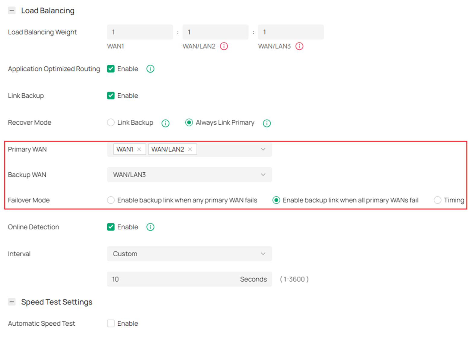 Show the interface to check Link Backup settings.