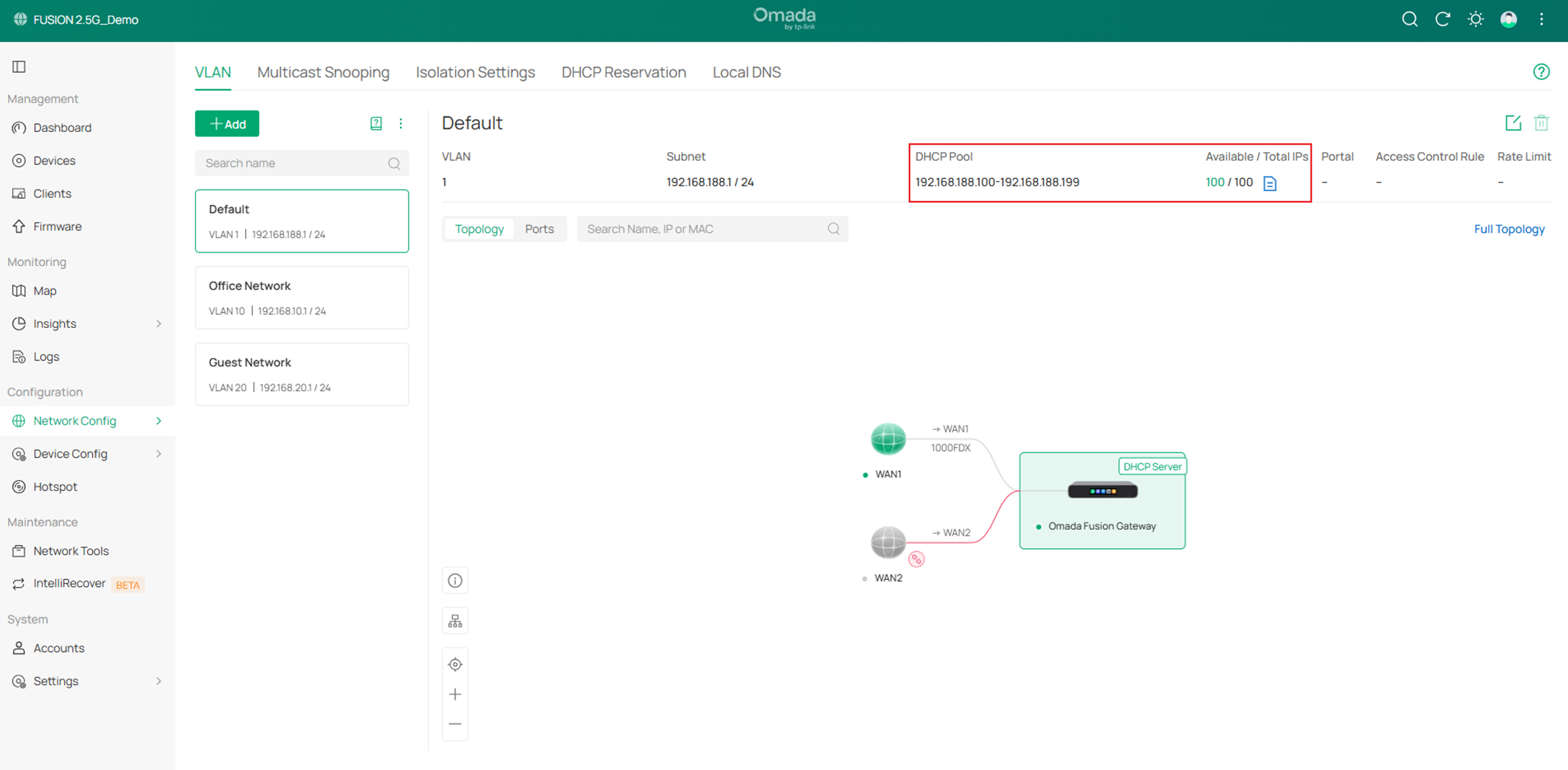 Show the interface to check the DHCP range and the usage of the DHCP pool.