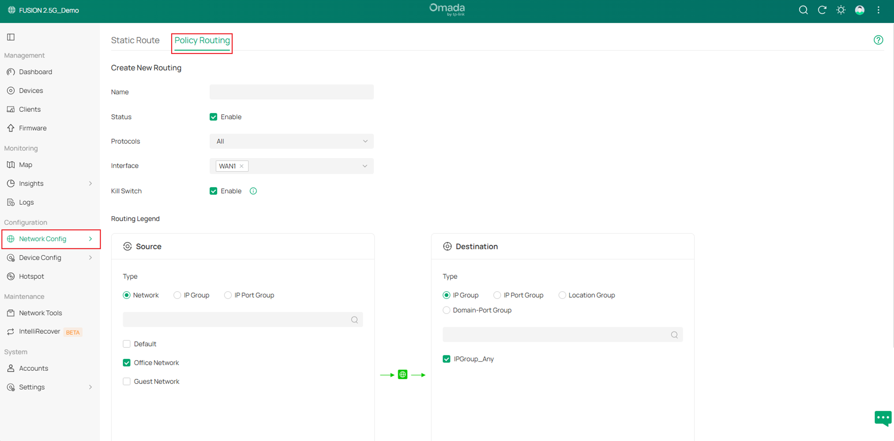 Show the interface to check the policy routing settings.