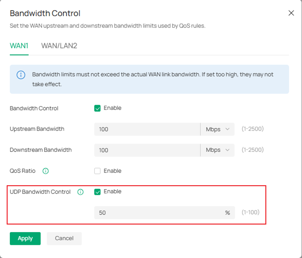Show an example of configuring UDP Bandwidth Control.