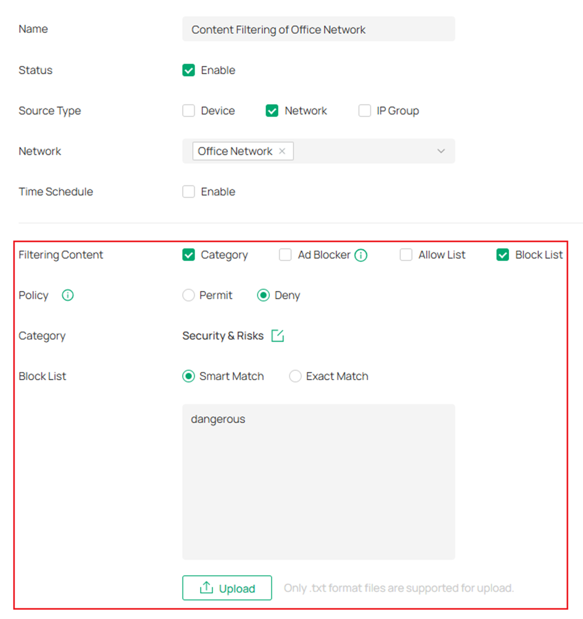 Show an example of configuring the Block List in conjunction with category filtering.