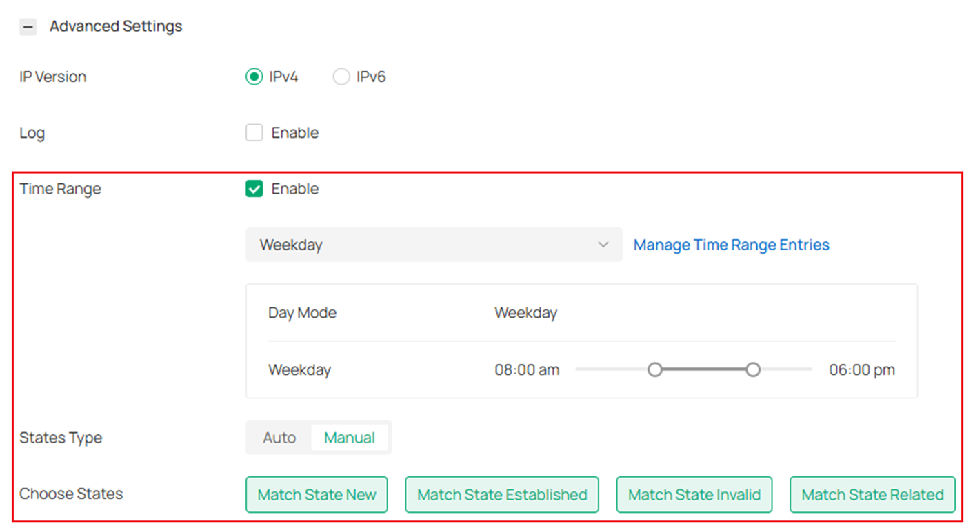 Show the interface to check the configured Time Range and States Type.