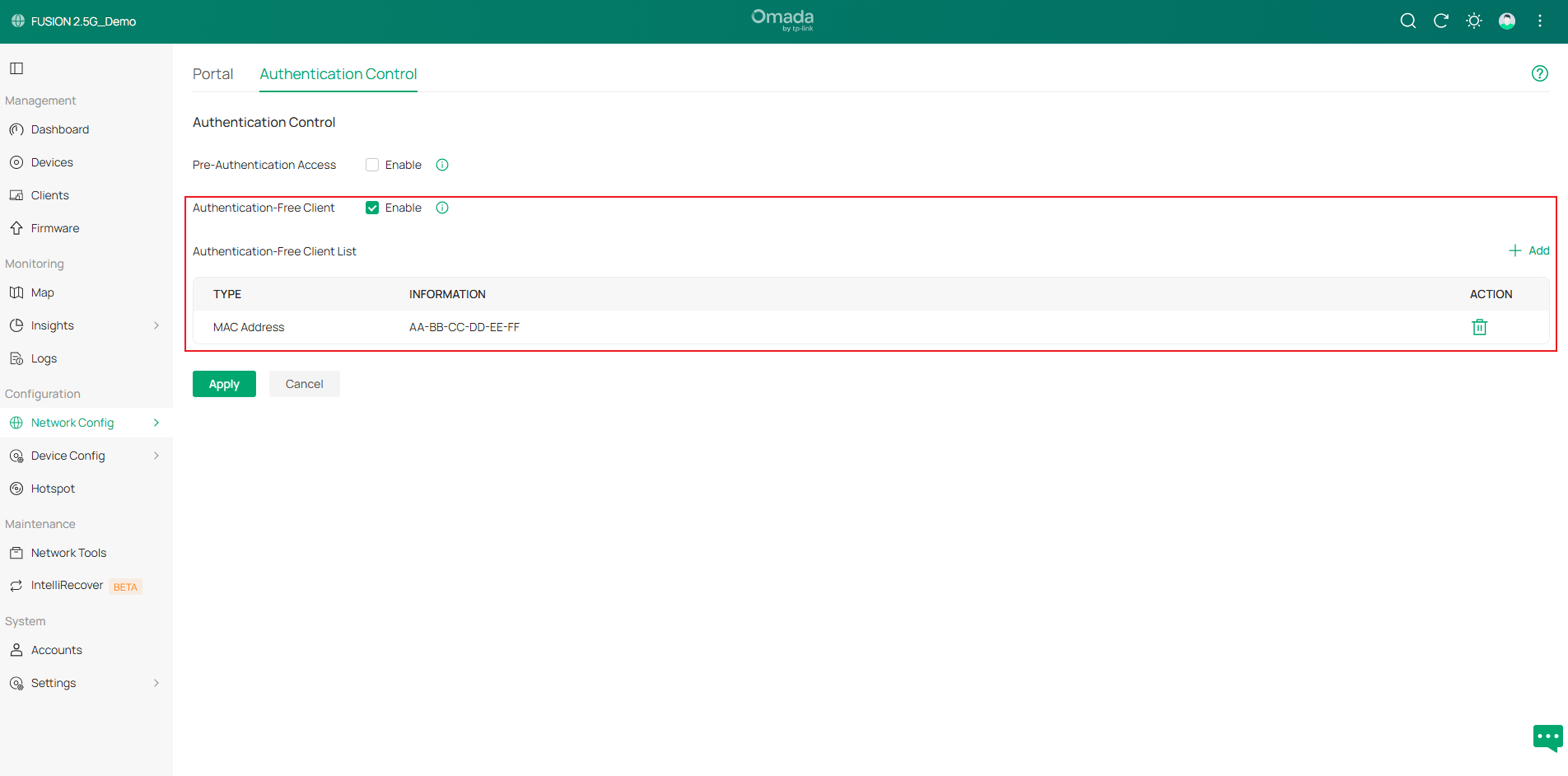 Show the interface to check the settings of authentication control.