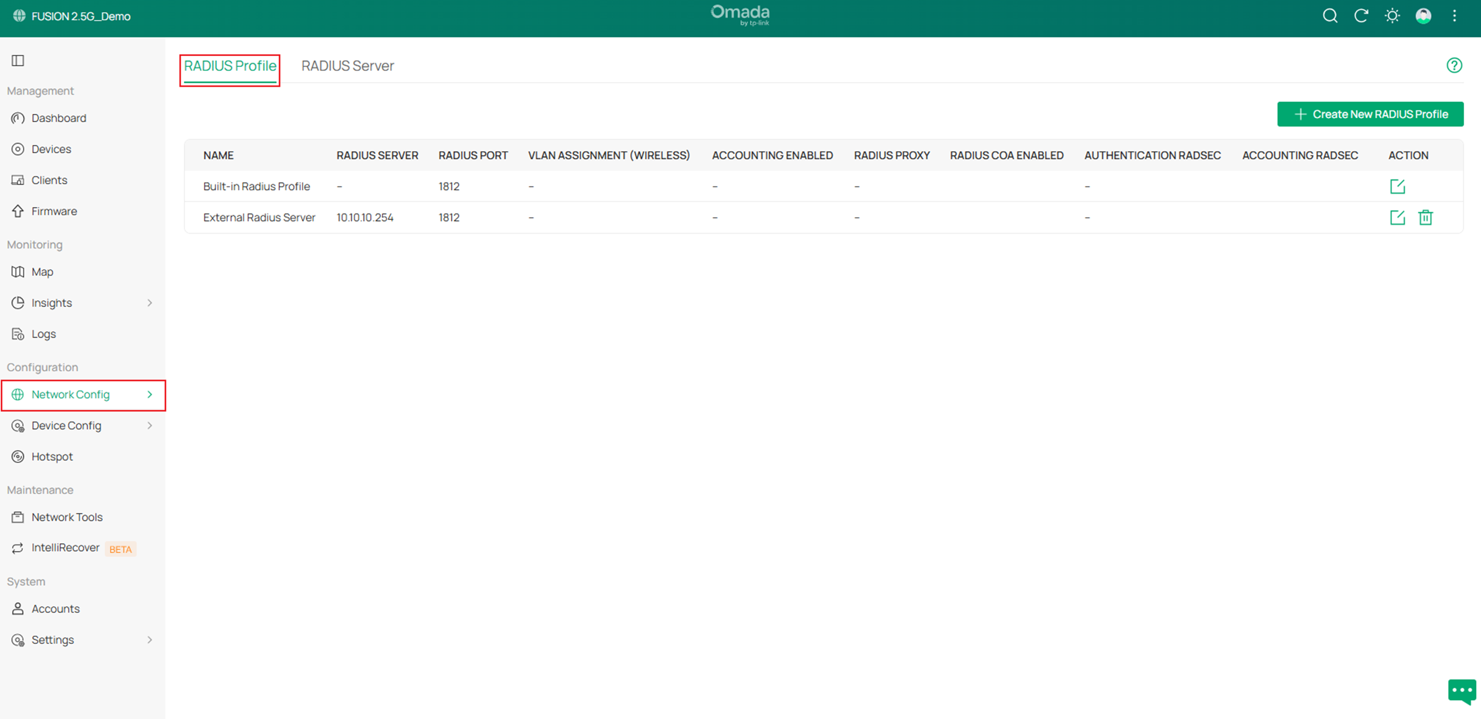 Show the interface to check the settings of the RADIUS profile.