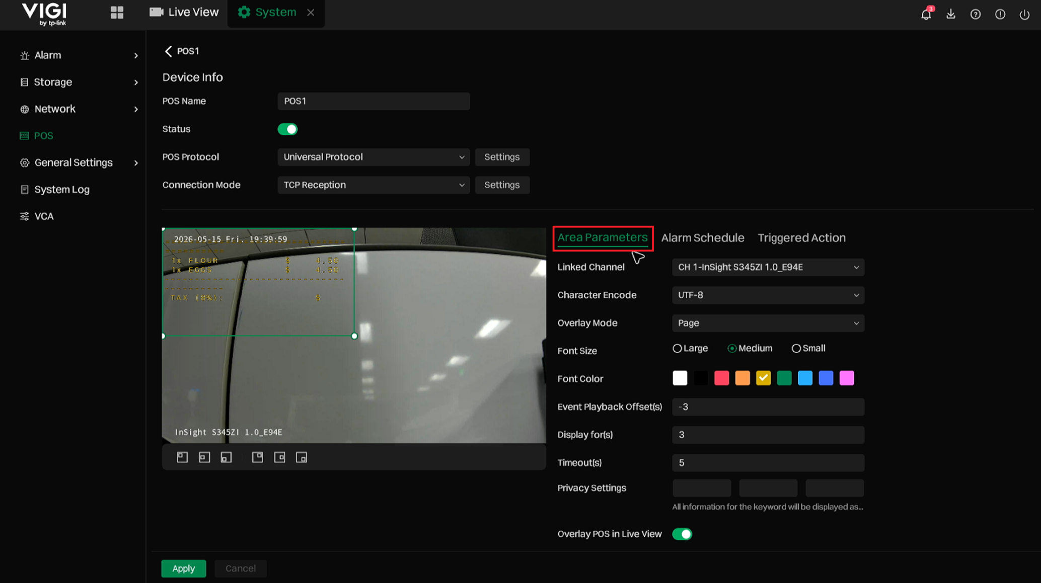 Show how to configure area parameters of POS entry.