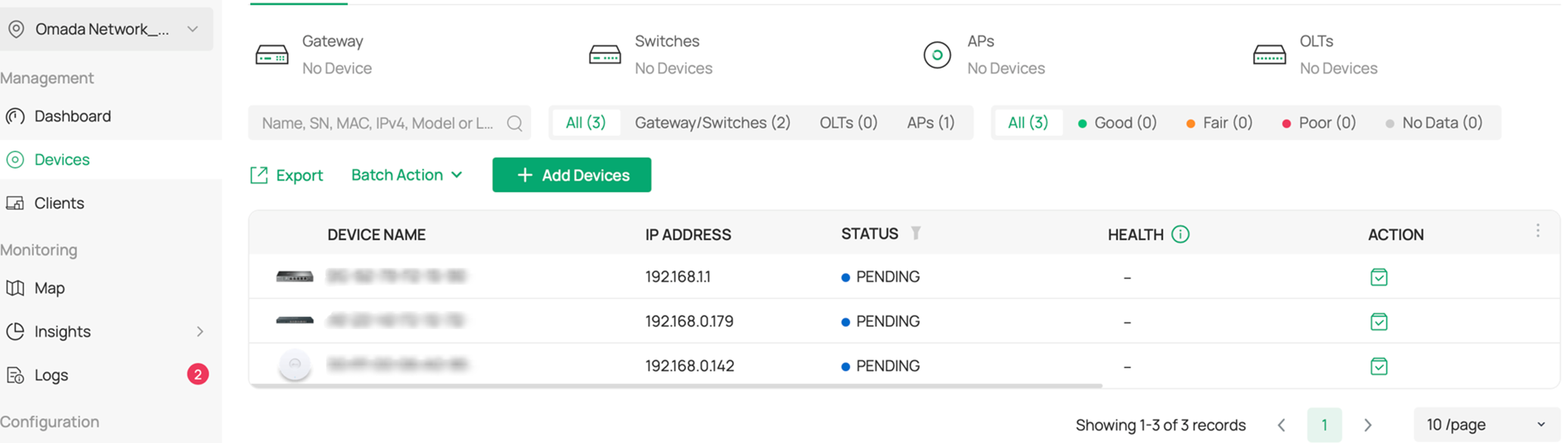Devices discovered across different subnets over the Internet on the Omada Controller.