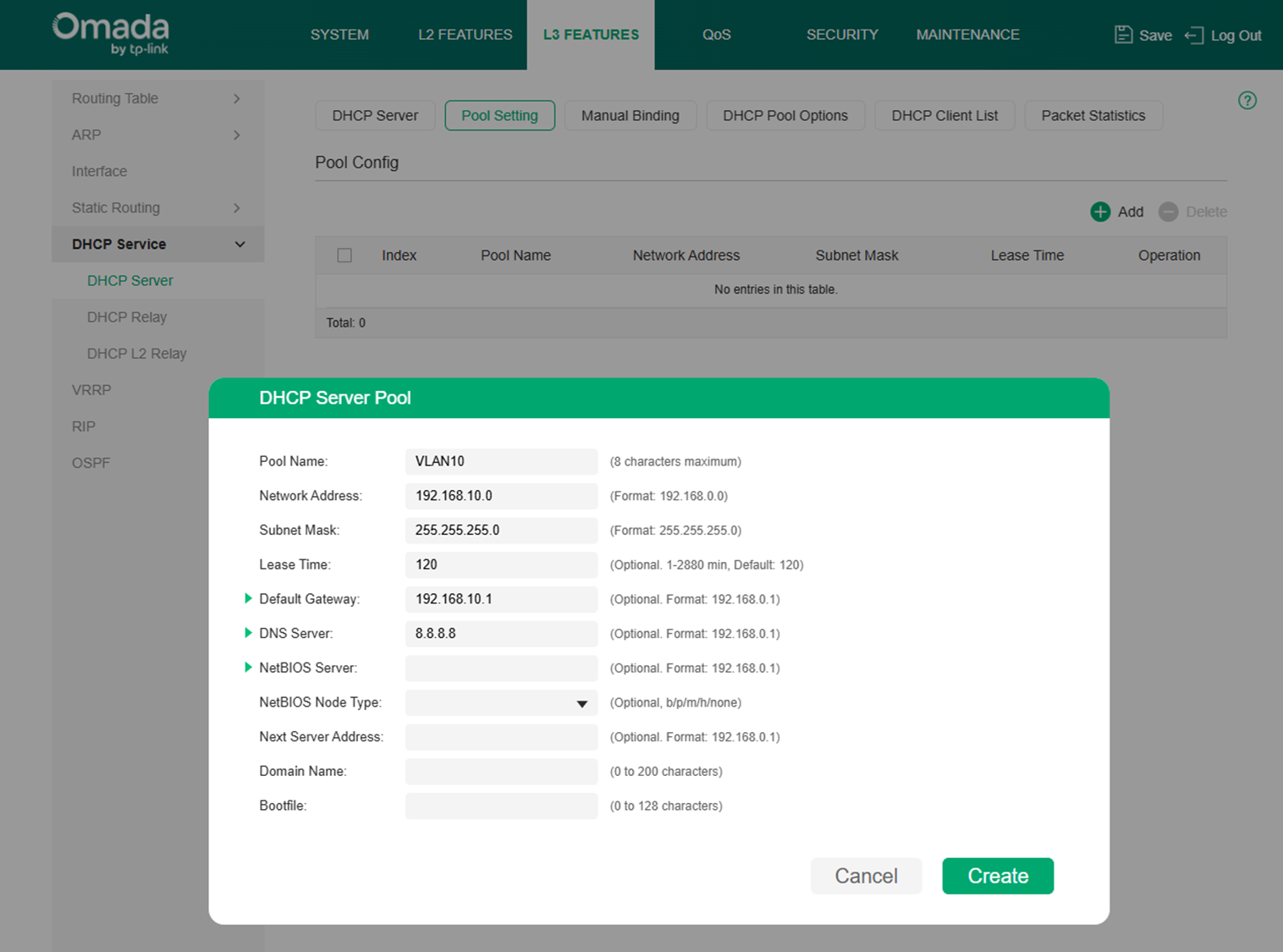 Configure DHCP Server Pool on switch.