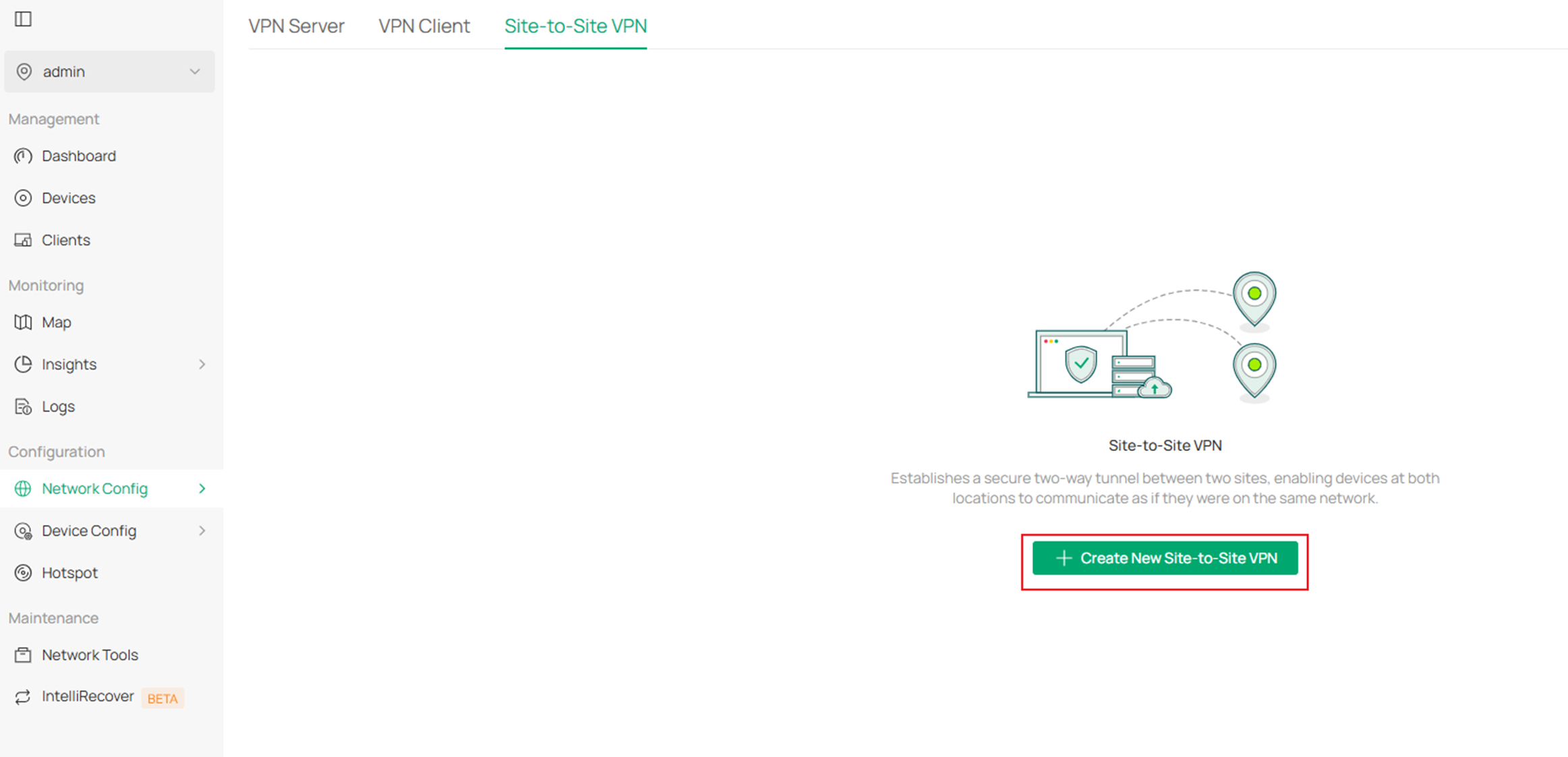 The configuration path of Site-to-Site VPN on Omada Controller.
