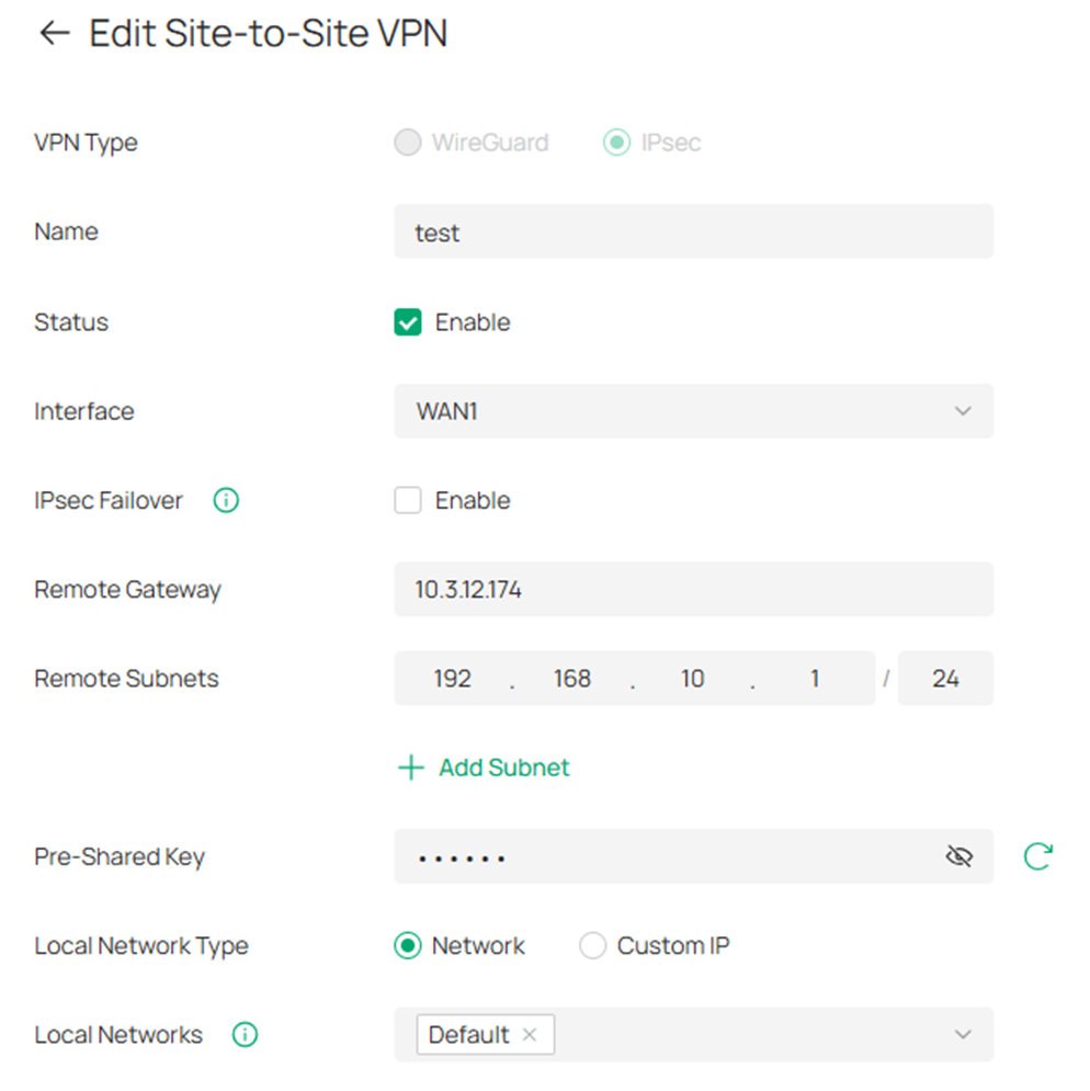 Configure Site-to-Site VPN on Omada Controller.