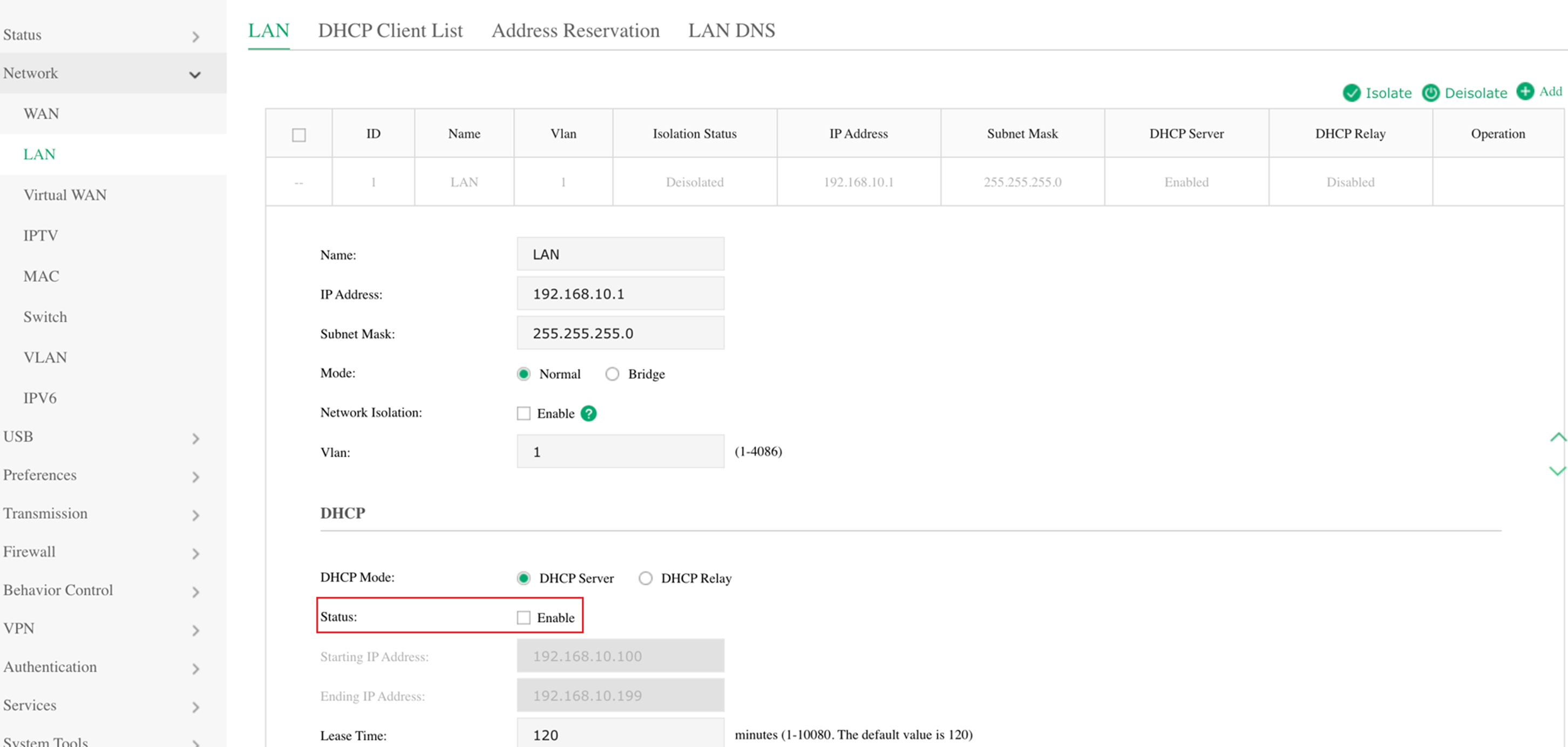 Disable DHCP server function on gateway in standalone mode.