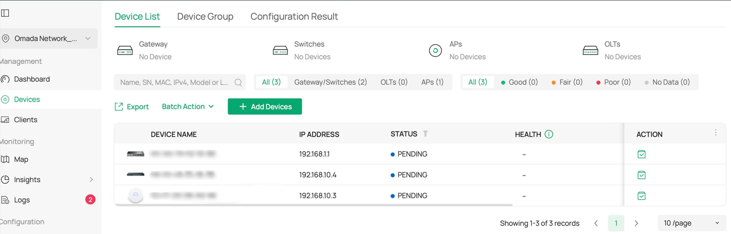 Devices discovered across different subnets over the Internet on the Omada Controller.