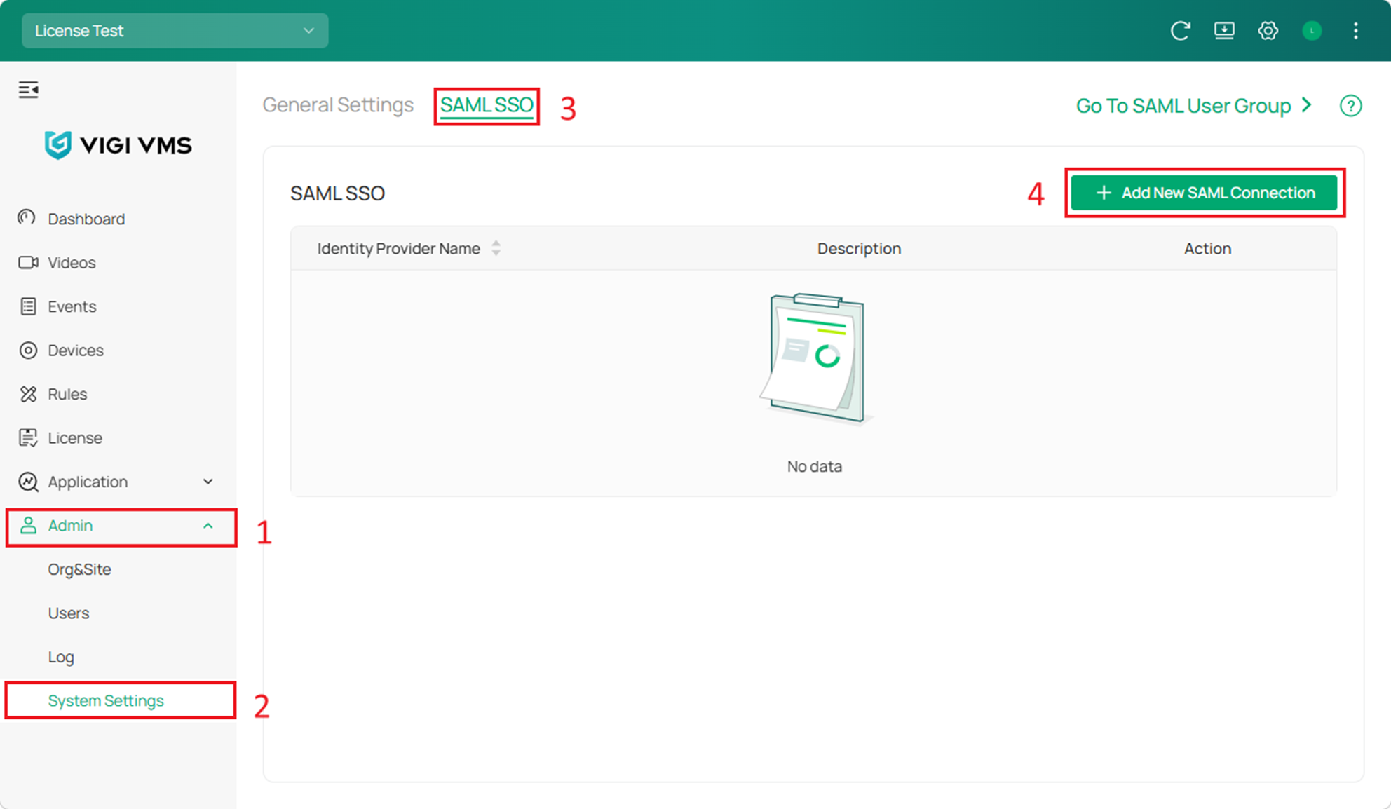 A screen shot showing the path to add SAML Connection.  