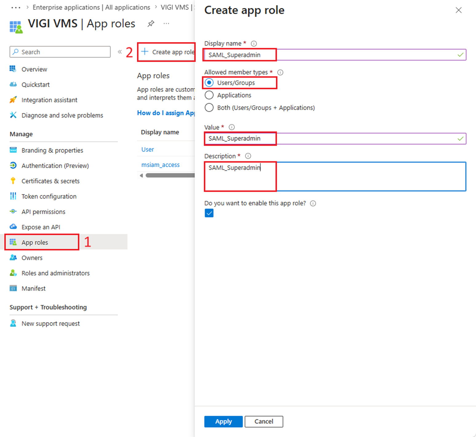 A screen shot showing the field to be filled in to create a new app role.  