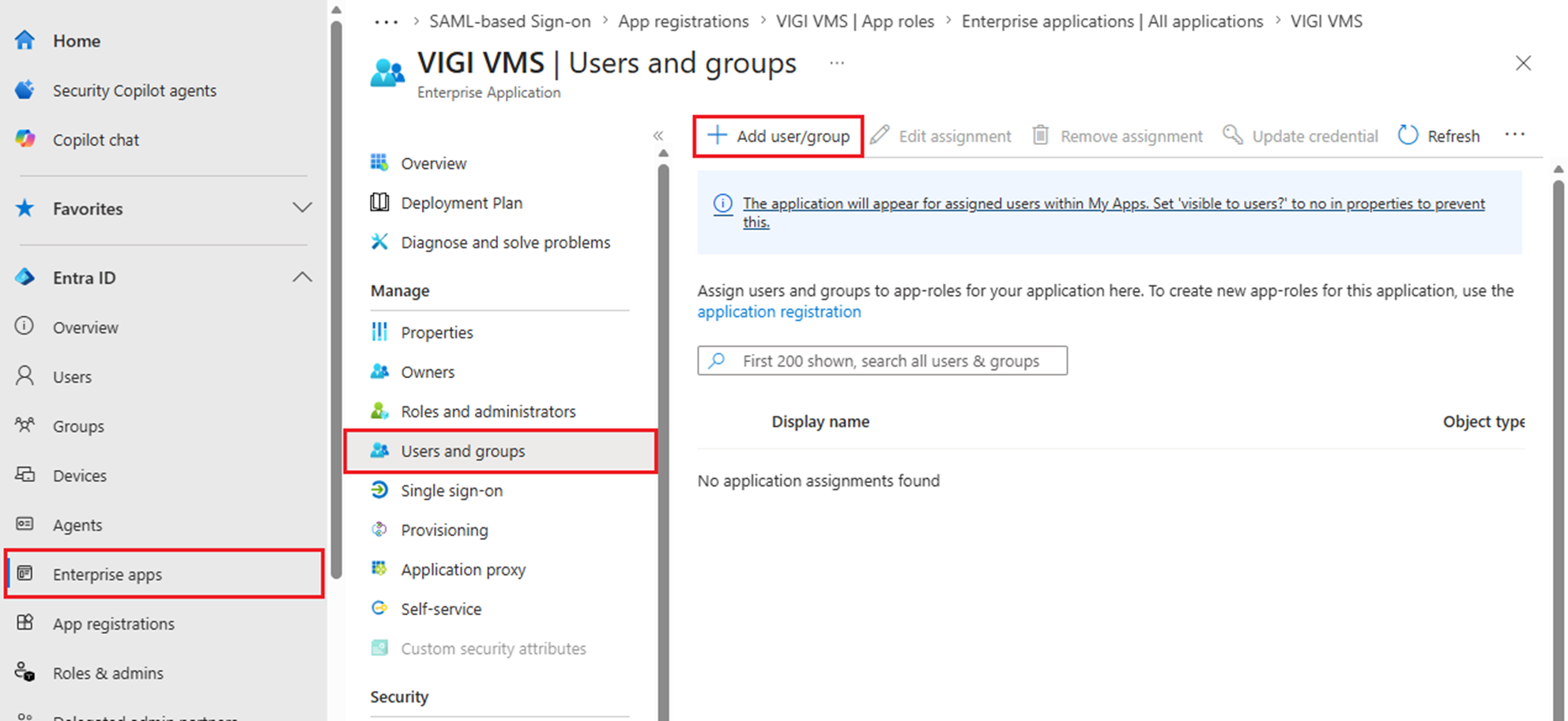 A screen shot showing the path to assign the role to specific users.  