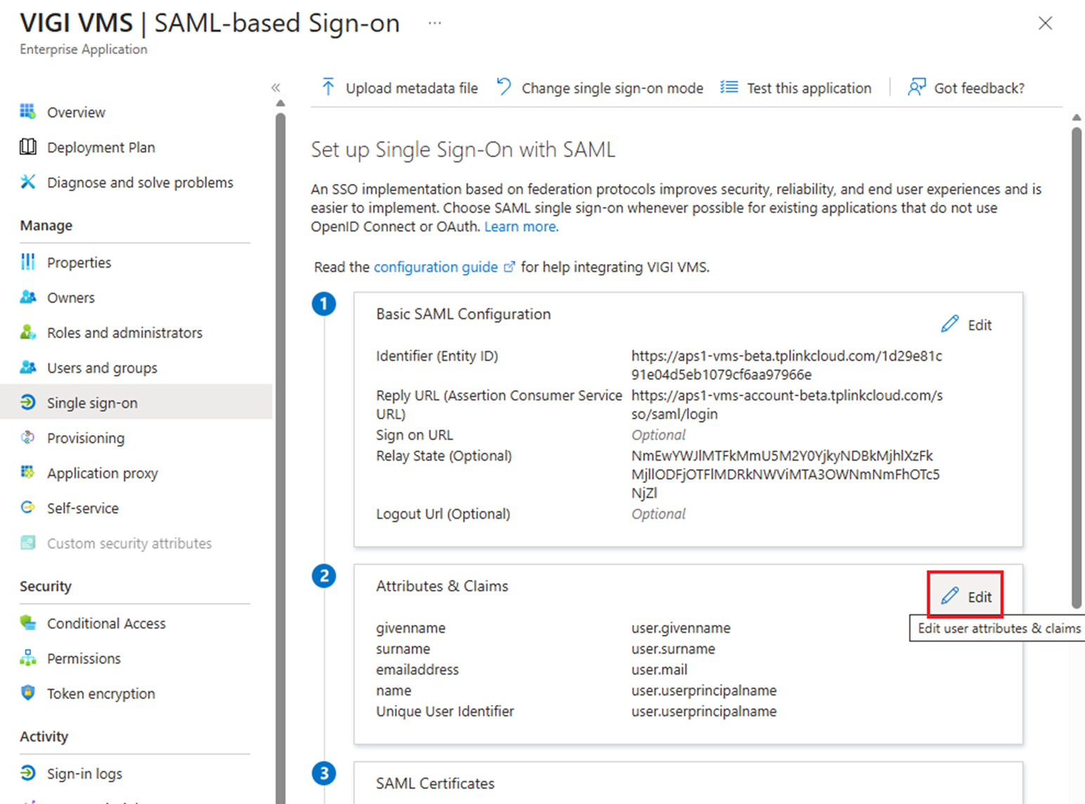A screen shot highlighting the button of Attributes & Claims.  