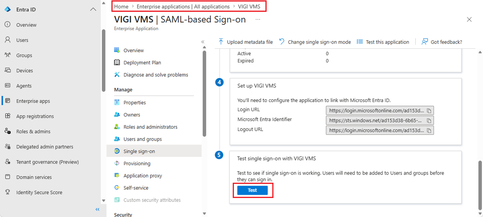A screen shot highlighting the path to test single sign-on.  