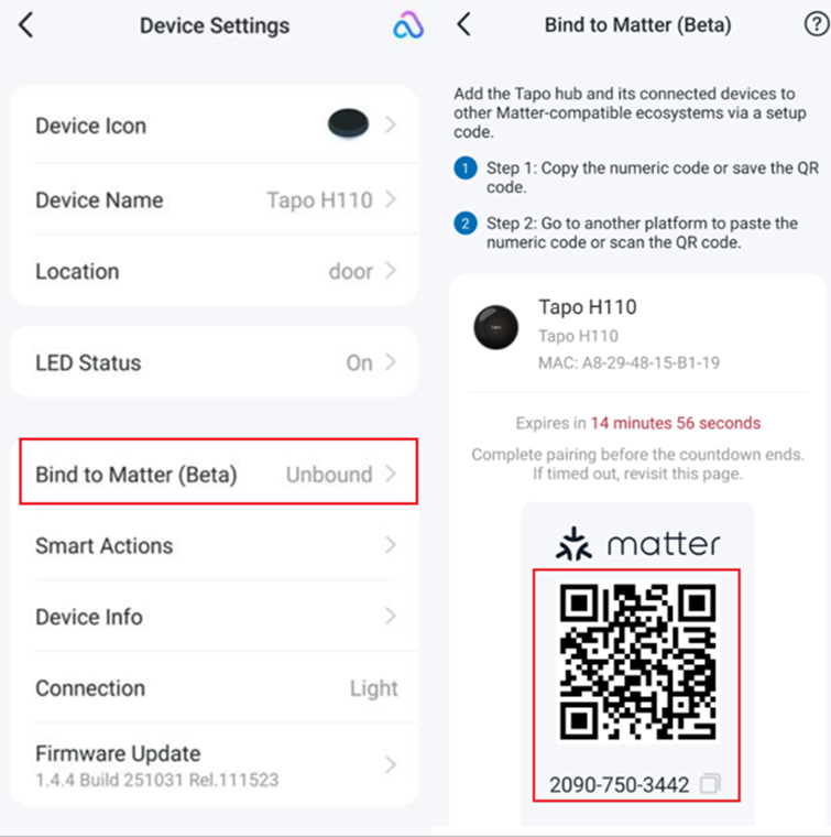 On Device Settings page of Tapo app, click the Bind to Matter button to generate a setup code.