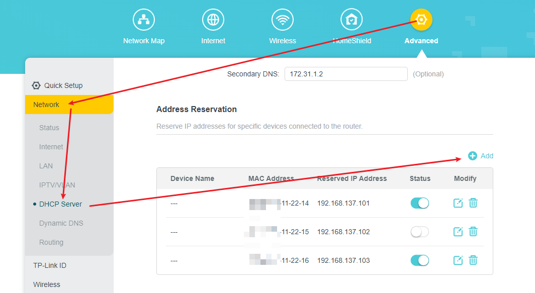 The Path to add an address reservation rule on the TP-Link management page.