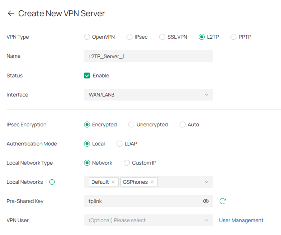 Fill in the parameters for the L2TP VPN Server.