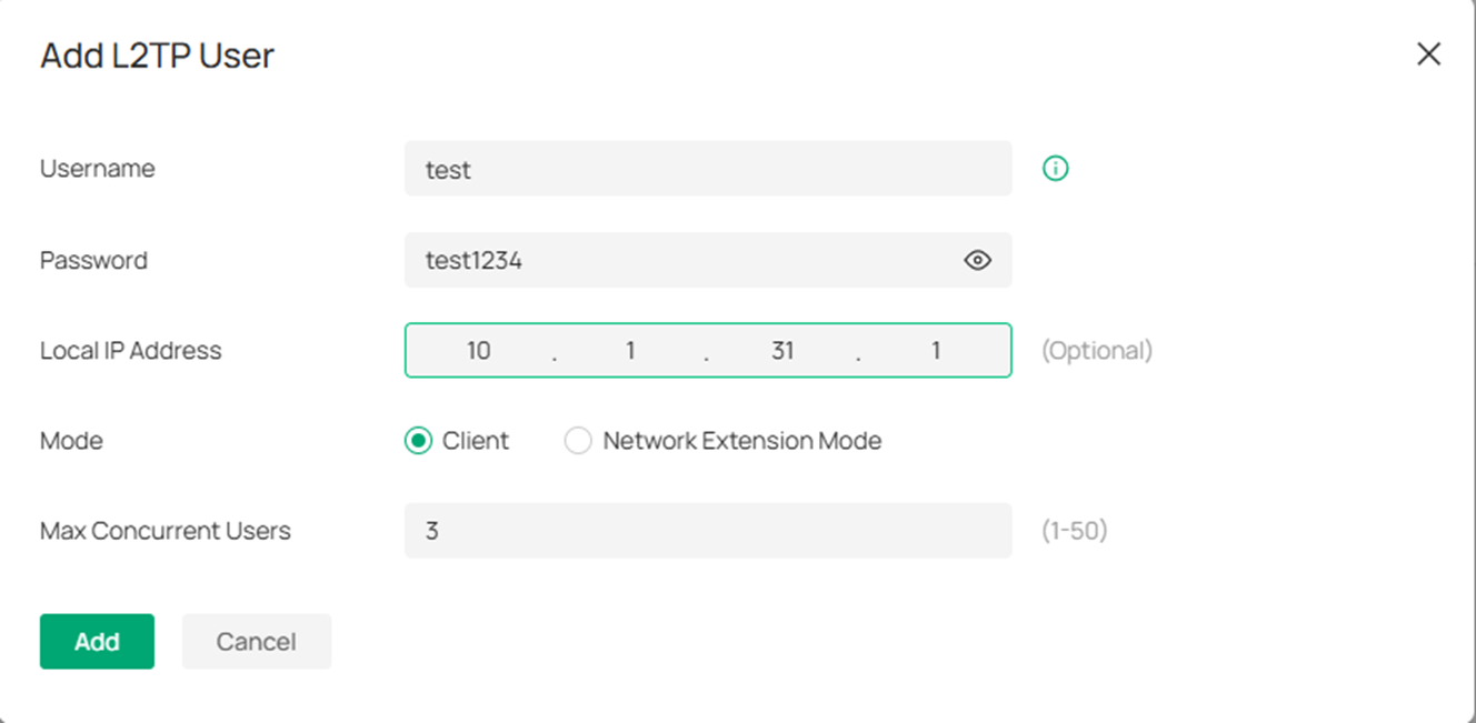 L2TP VPN user creation.