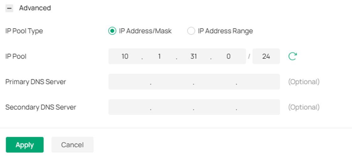 Advanced settings configuration for L2TP Server.
