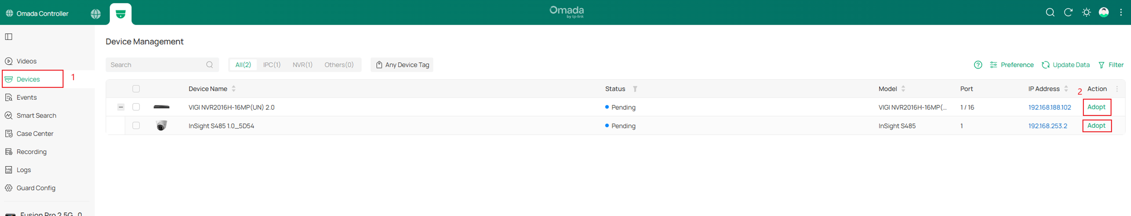 Show the position of Devices page on Omada Fusion Pro Gateway.