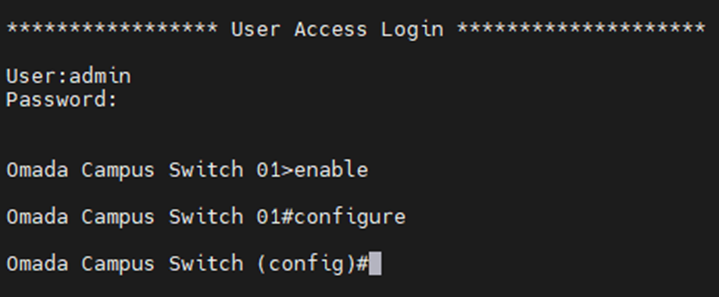 Show an example of accessing the CLI and entering the configuration mode.