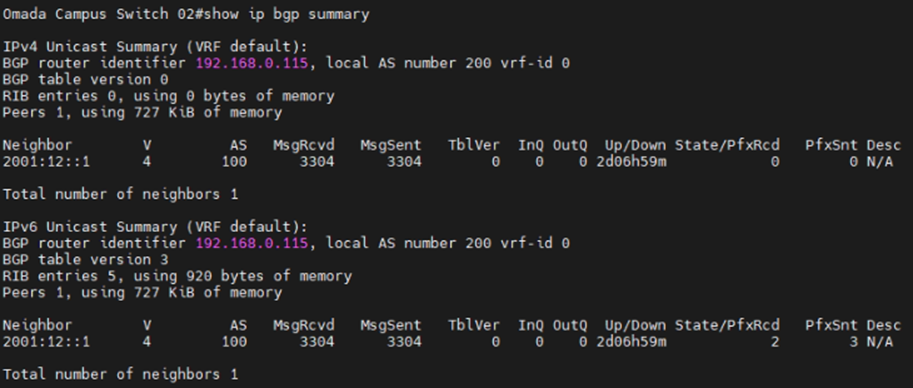 Show an example of checking the BGP neighbors of Switch 02.