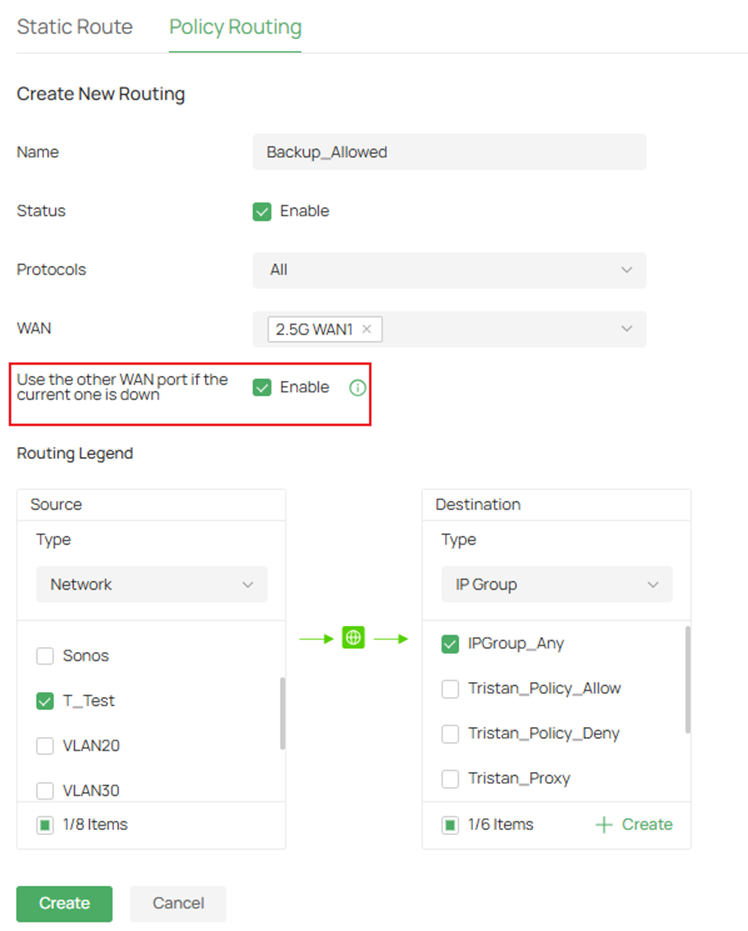 Fill in the proper parameters the policy route.