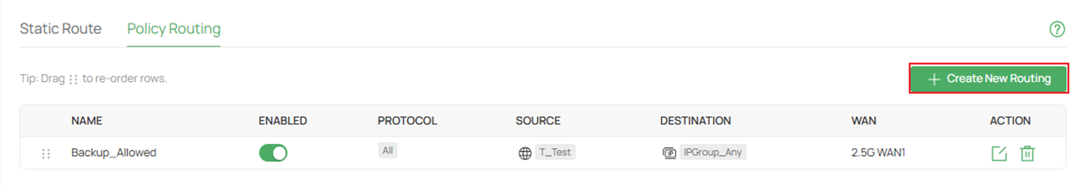 Click Create New Routing for the deny policy route.