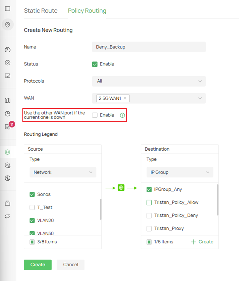 Fill in the parameters for the denied policy route.