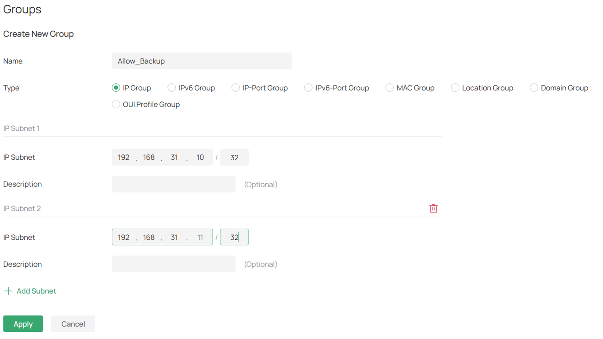 Specify allowed IP addresses under IP Subnet.