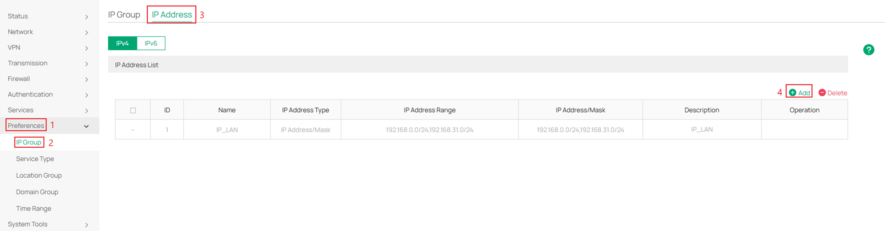 Alt text: Navigate to IP Group and IP address to create a group for the allowed and denied addresses.