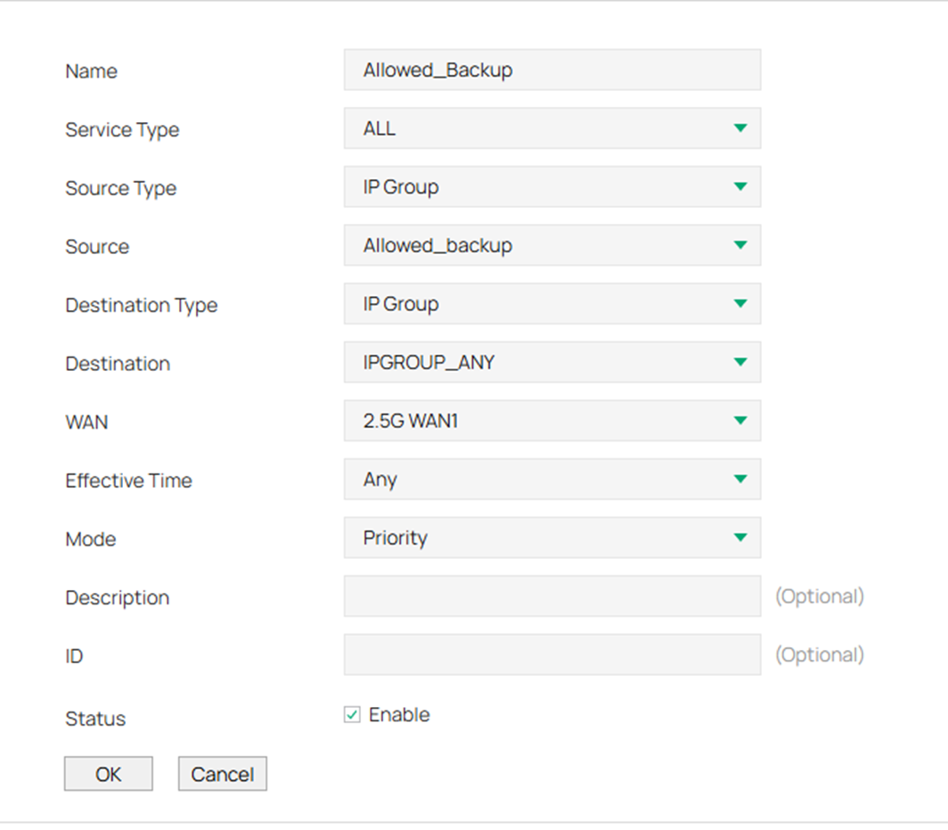 Fill in the parameters for the policy route related to the IP group that is allowed to utilize the backup WAN.
