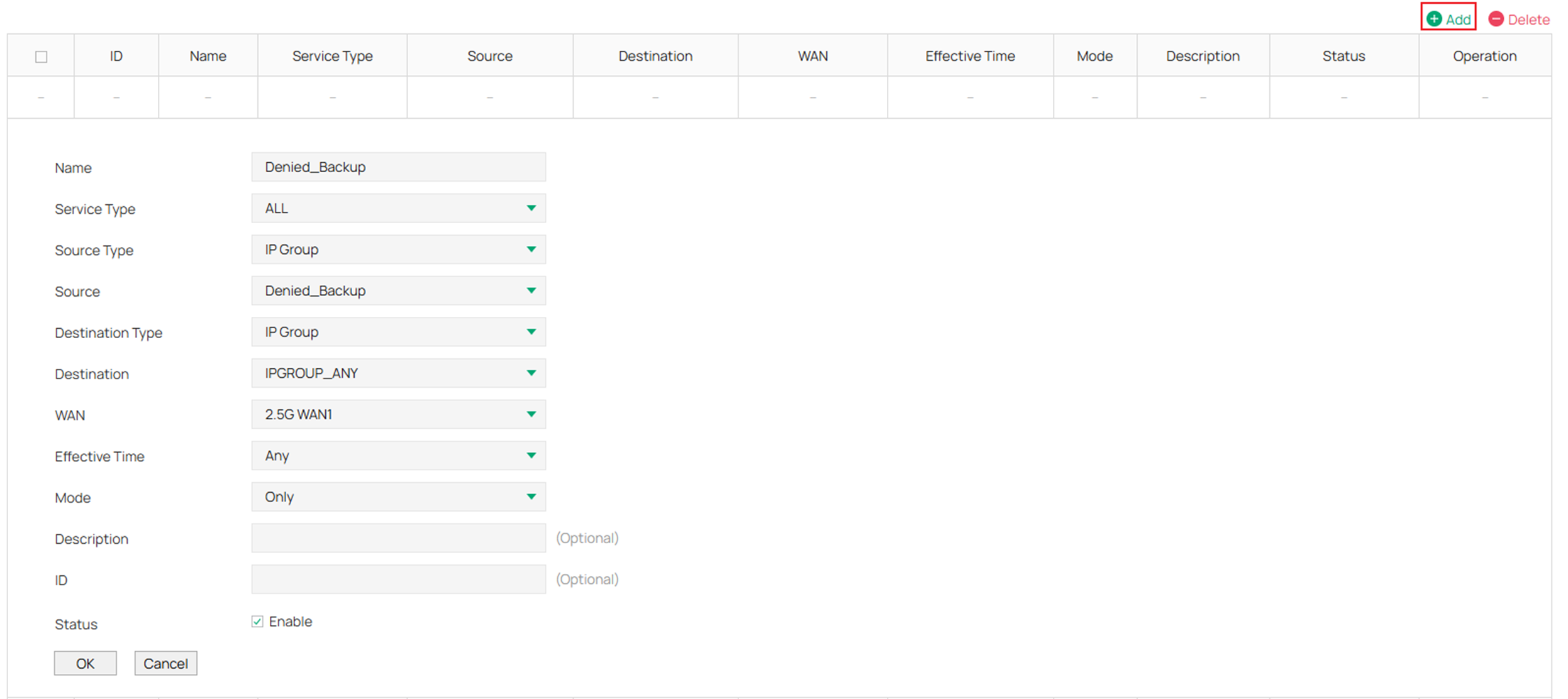 Fill in the parameters for the policy route related to the IP group that is denied utilizing the backup WAN