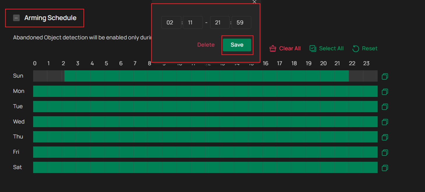 Left click to slide and draw a time period. Click the period again to enter the start and end time. Then Click Save to modify the length of the time period.