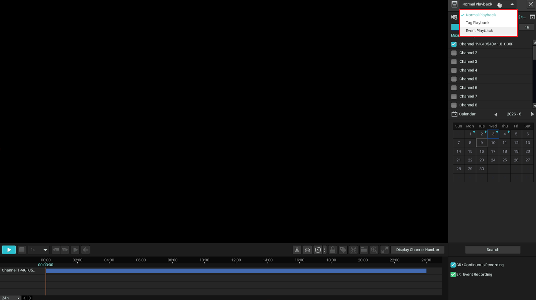 Shows where to select Normal Playback, Tag Playback, or Event Playback on the NVR GUI.