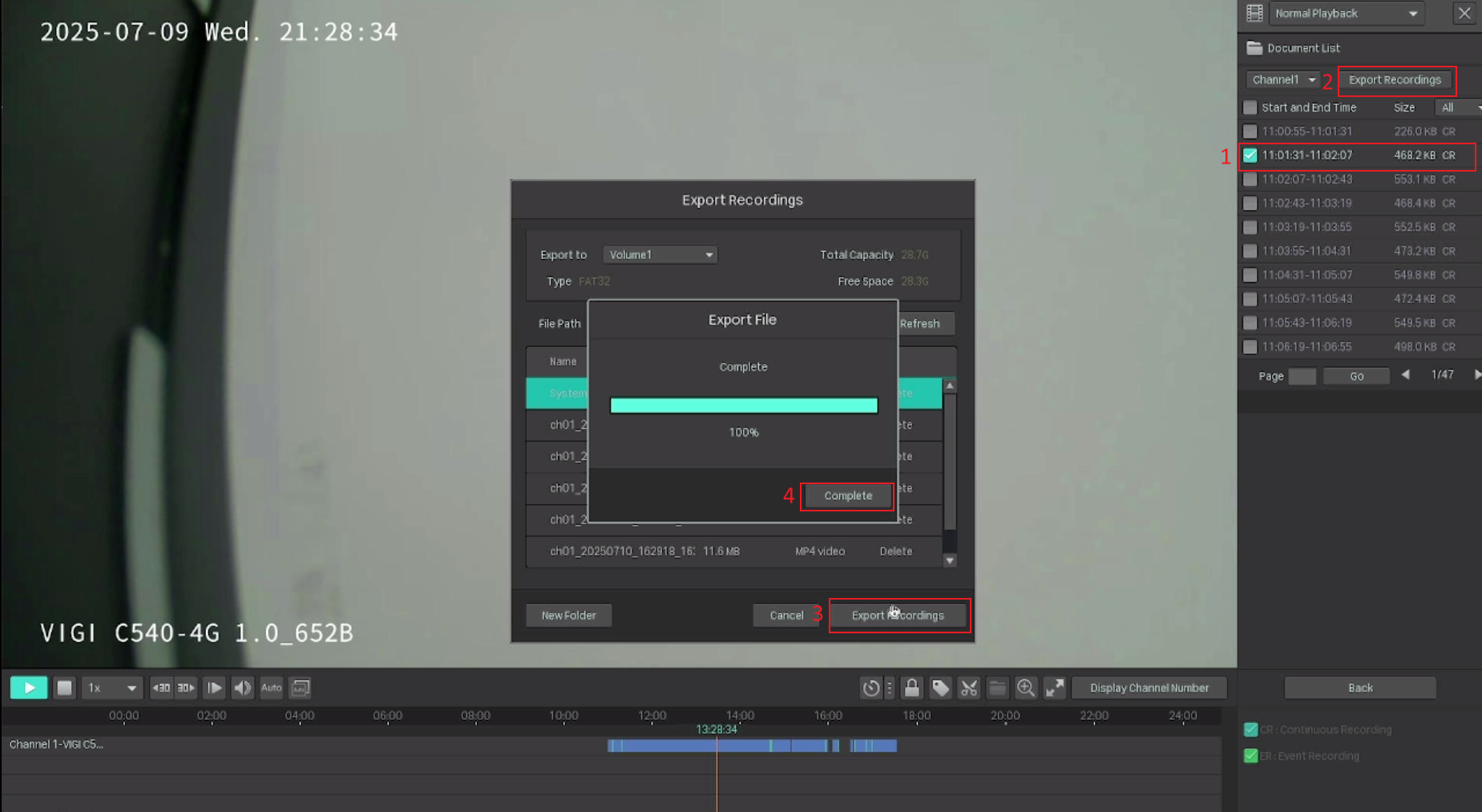 Steps for exporting recordings from the playback page.
