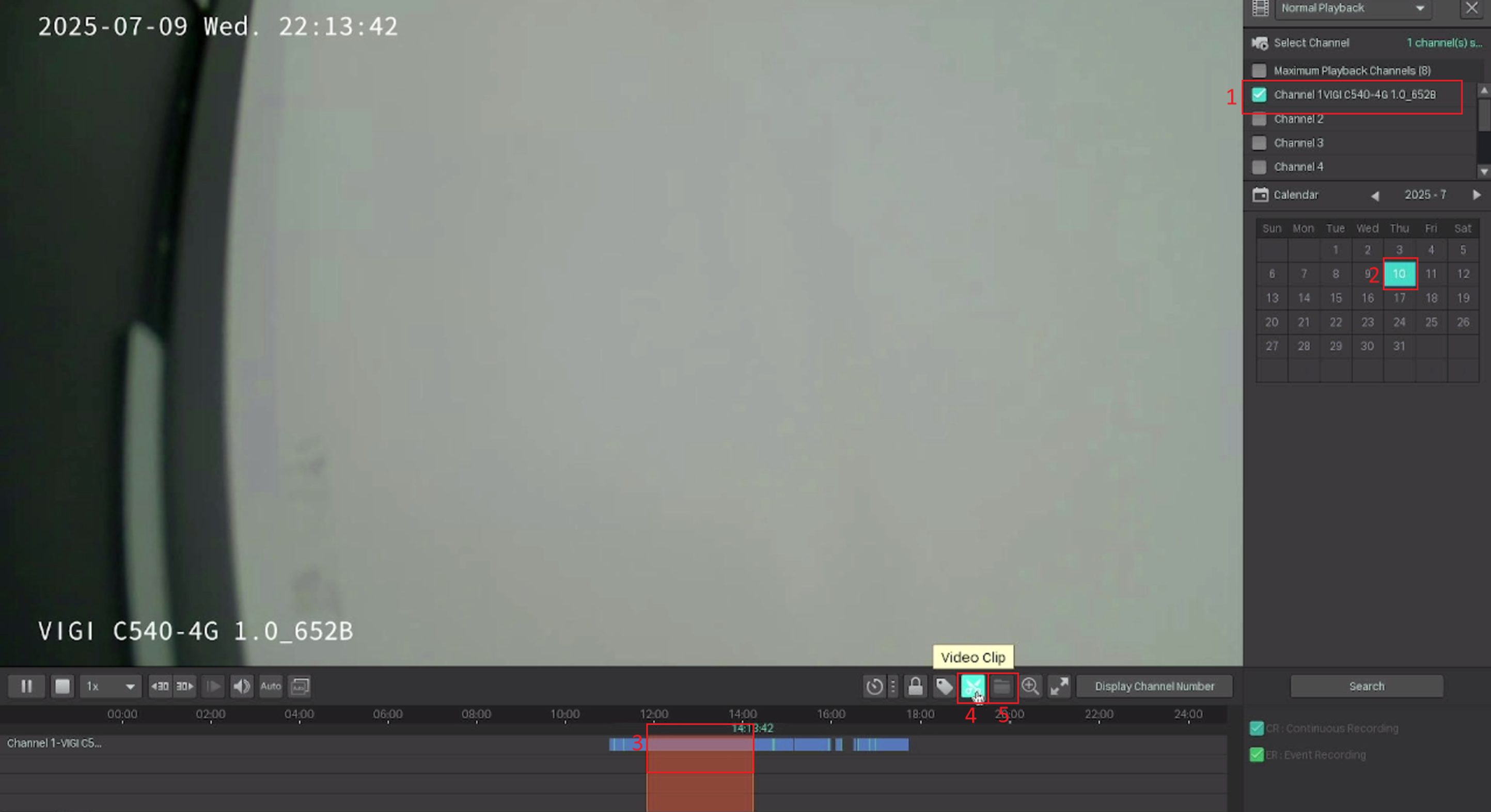 Steps for exporting clips from the playback page.
